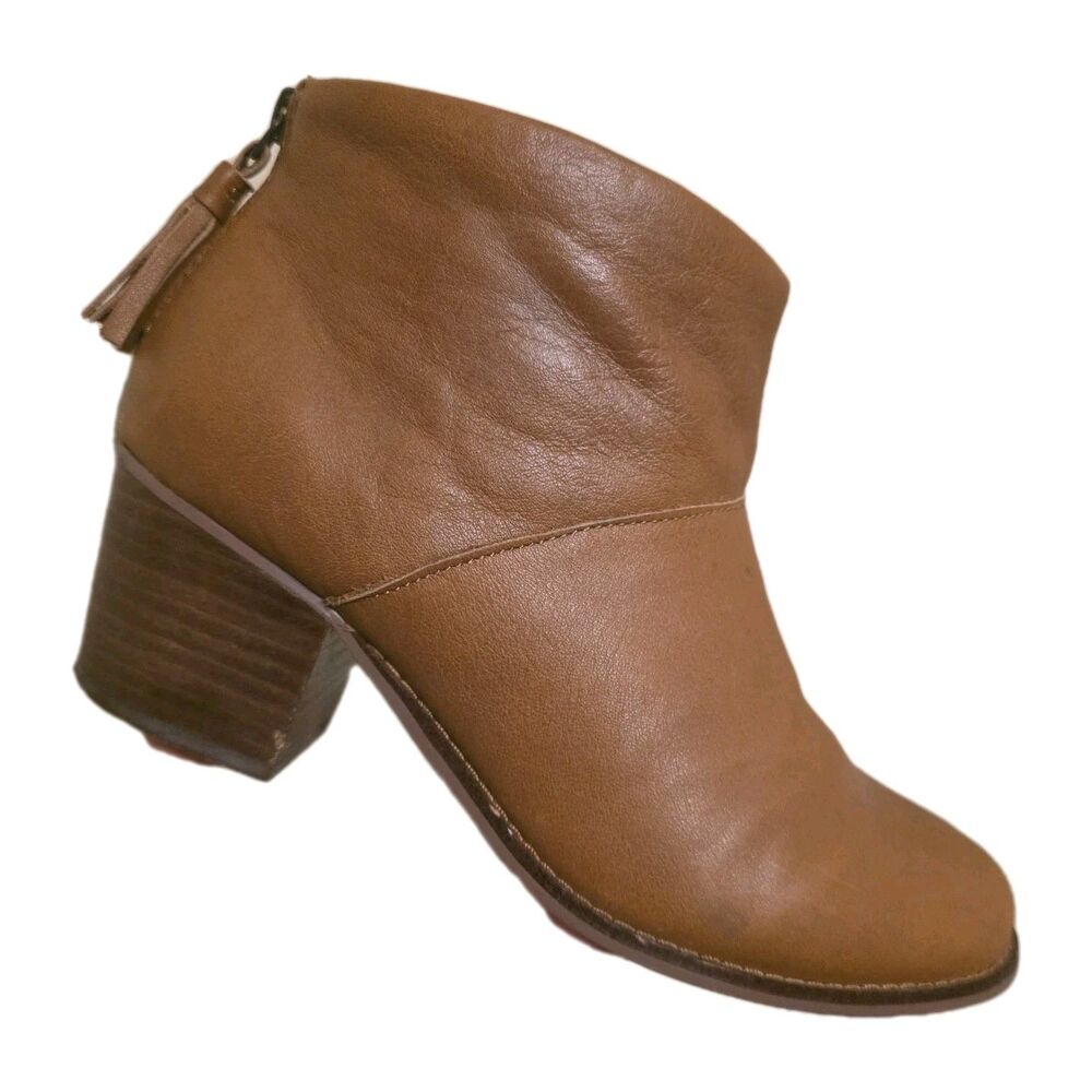 Toms Cognac Smooth Leather Carpe Diem Low Heeled Ankle Boot Tassel Zipper 7.5